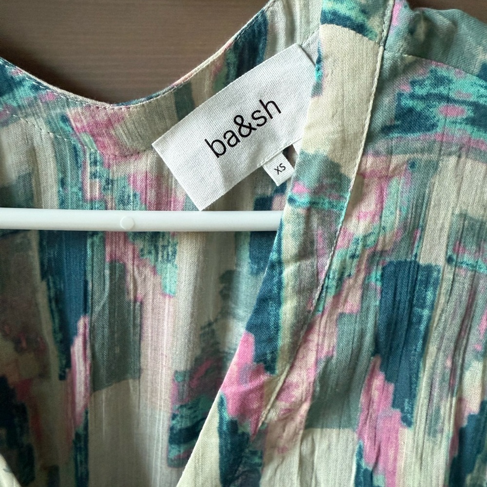 ba&sh Blue Green Puff Sleeve V-Neck Sundress - Picture 2 of 4